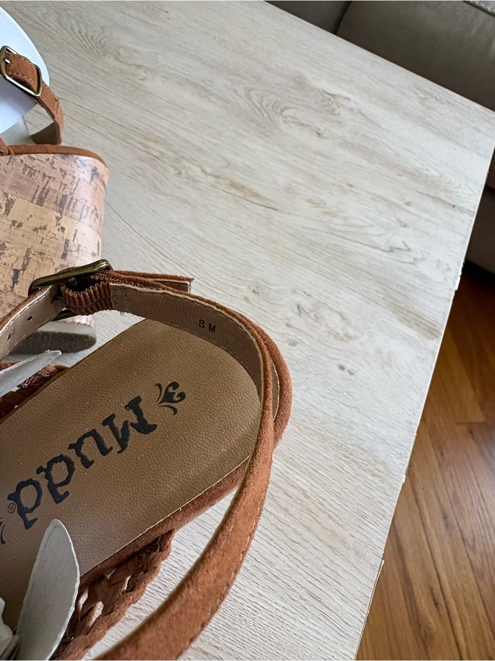 Mudd Cognac Woven Boho Cork Wedge Sandals Size 8M Ankle Strap Platform